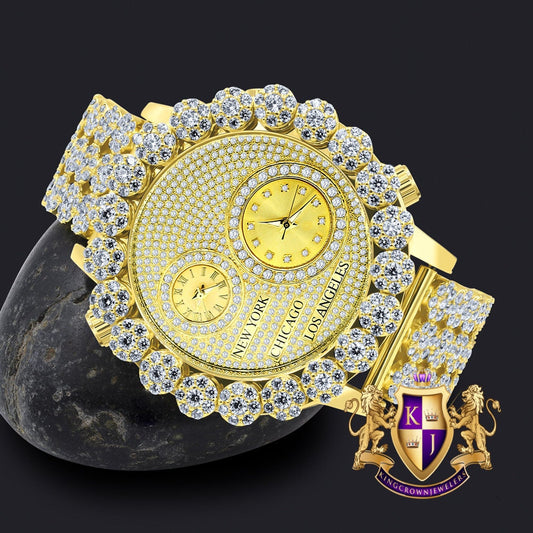 2 Time Zone Chronograph Simulated Diamond Men's 18K Yellow Gold Finish Flower Bezel Band 5 ATM Water Resistant Watch Analog Big 45mm W/Date