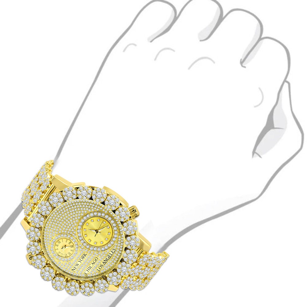 2 Time Zone Chronograph Simulated Diamond Men's 18K Yellow Gold Finish Flower Bezel Band 5 ATM Water Resistant Watch Analog Big 45mm W/Date