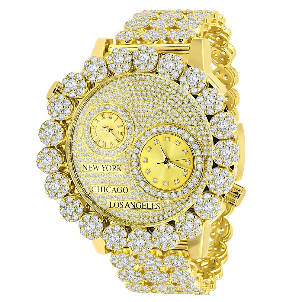 2 Time Zone Chronograph Simulated Diamond Men's 18K Yellow Gold Finish Flower Bezel Band 5 ATM Water Resistant Watch Analog Big 45mm W/Date