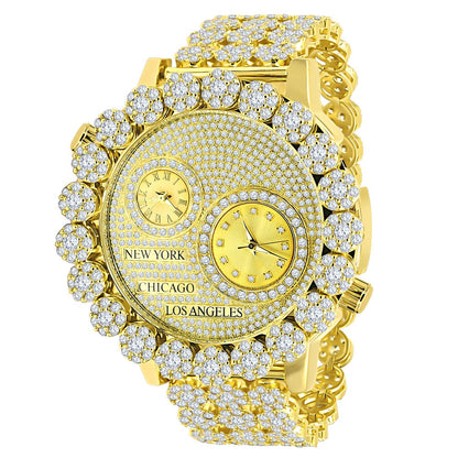 2 Time Zone Chronograph Simulated Diamond Men's 18K Yellow Gold Finish Flower Bezel Band 5 ATM Water Resistant Watch Analog Big 45mm W/Date