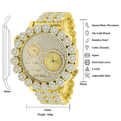 2 Time Zone Chronograph Simulated Diamond Men's 18K Yellow Gold Finish Flower Bezel Band 5 ATM Water Resistant Watch Analog Big 45mm W/Date