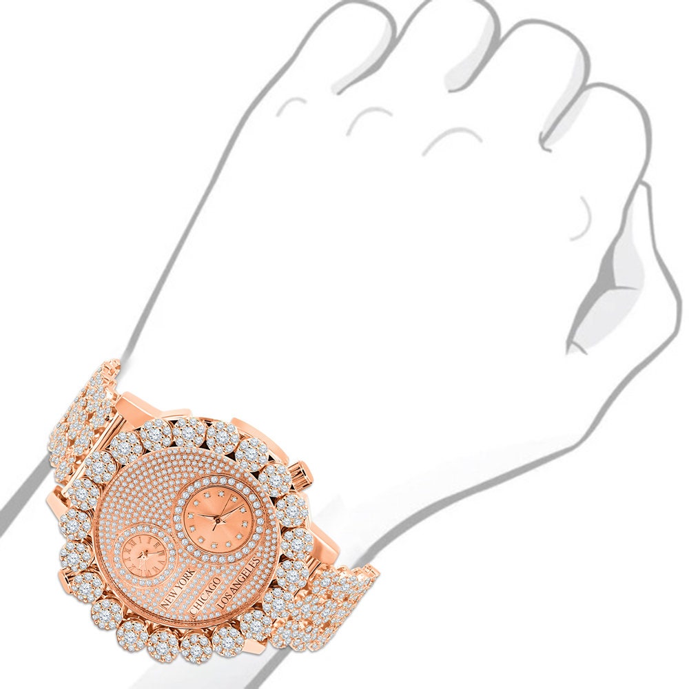 2 Time Zone Chronograph Simulated Diamond Men's 18K Rose Gold Finish Flower Bezel Band 5 ATM Water Resistant Watch Analog Big 45mm W/Date
