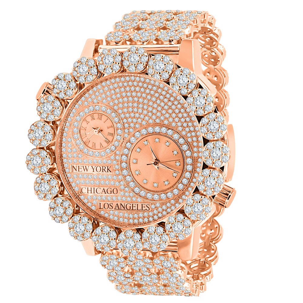 2 Time Zone Chronograph Simulated Diamond Men's 18K Rose Gold Finish Flower Bezel Band 5 ATM Water Resistant Watch Analog Big 45mm W/Date