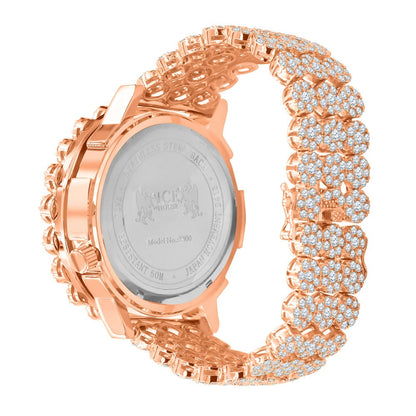 2 Time Zone Chronograph Simulated Diamond Men's 18K Rose Gold Finish Flower Bezel Band 5 ATM Water Resistant Watch Analog Big 45mm W/Date