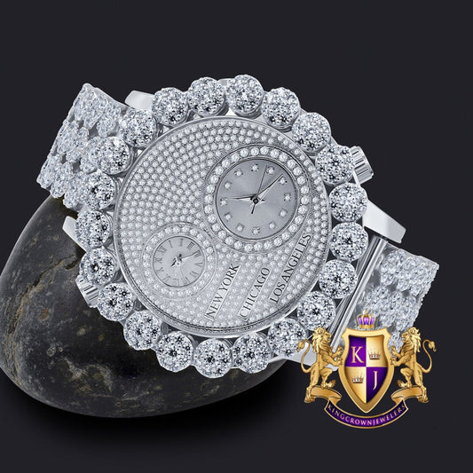 2 Time Zone Chronograph Simulated Diamond Men's 18K White Gold Finish Flower Bezel Band 5 ATM Water Resistant Watch Analog Big 45mm W/Date