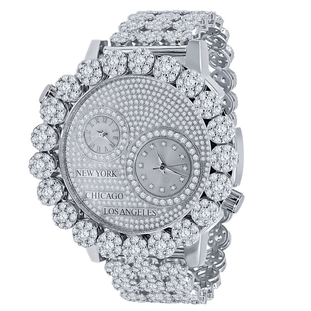 2 Time Zone Chronograph Simulated Diamond Men's 18K White Gold Finish Flower Bezel Band 5 ATM Water Resistant Watch Analog Big 45mm W/Date