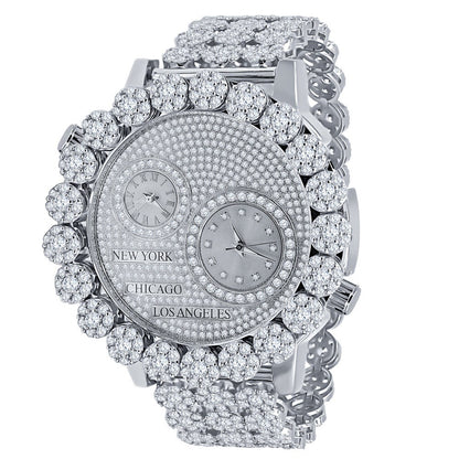 2 Time Zone Chronograph Simulated Diamond Men's 18K White Gold Finish Flower Bezel Band 5 ATM Water Resistant Watch Analog Big 45mm W/Date