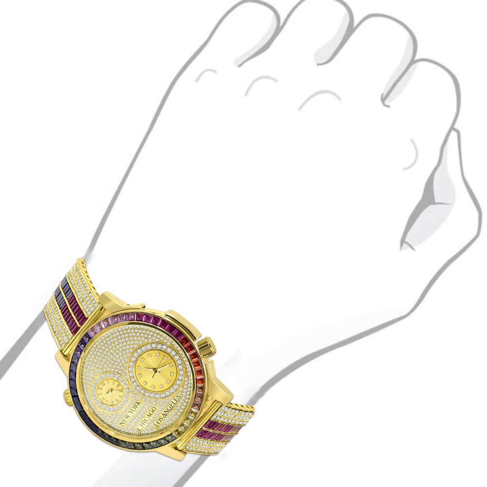 Baguette 2 Time Zone Chronograph Rainbow Multi Tone Real Diamond Dial 18K Gold Over Custom Luxury Men's Watch W/Date