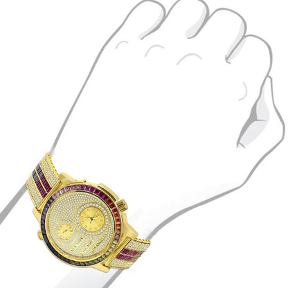 Baguette 2 Time Zone Chronograph Rainbow Multi Tone Real Diamond Dial 18K Gold Over Custom Luxury Men's Watch W/Date