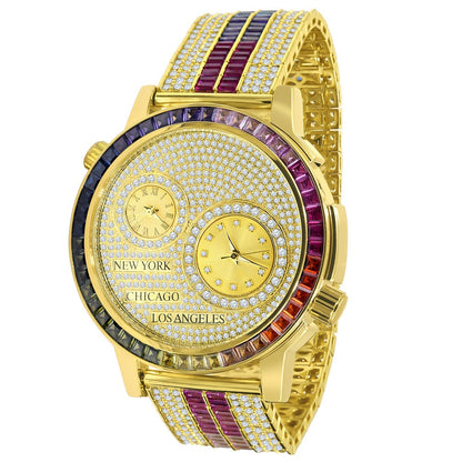 Baguette 2 Time Zone Chronograph Rainbow Multi Tone Real Diamond Dial 18K Gold Over Custom Luxury Men's Watch W/Date