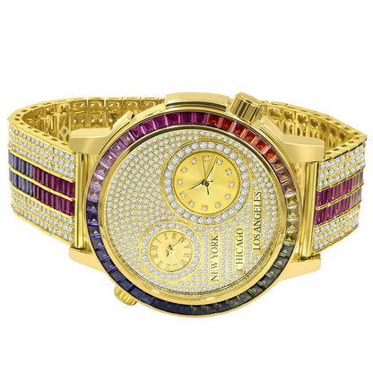 Baguette 2 Time Zone Chronograph Rainbow Multi Tone Real Diamond Dial 18K Gold Over Custom Luxury Men's Watch W/Date