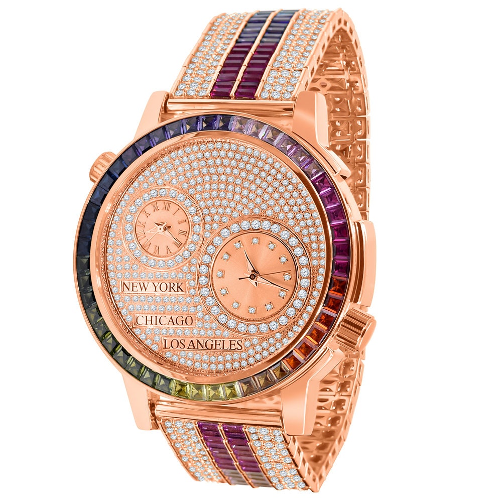 Baguette 2 Time Zone Chronograph Rainbow Multi Tone Real Diamond Dial 18K Rose Gold Over Custom Luxury Men's Watch W/Date