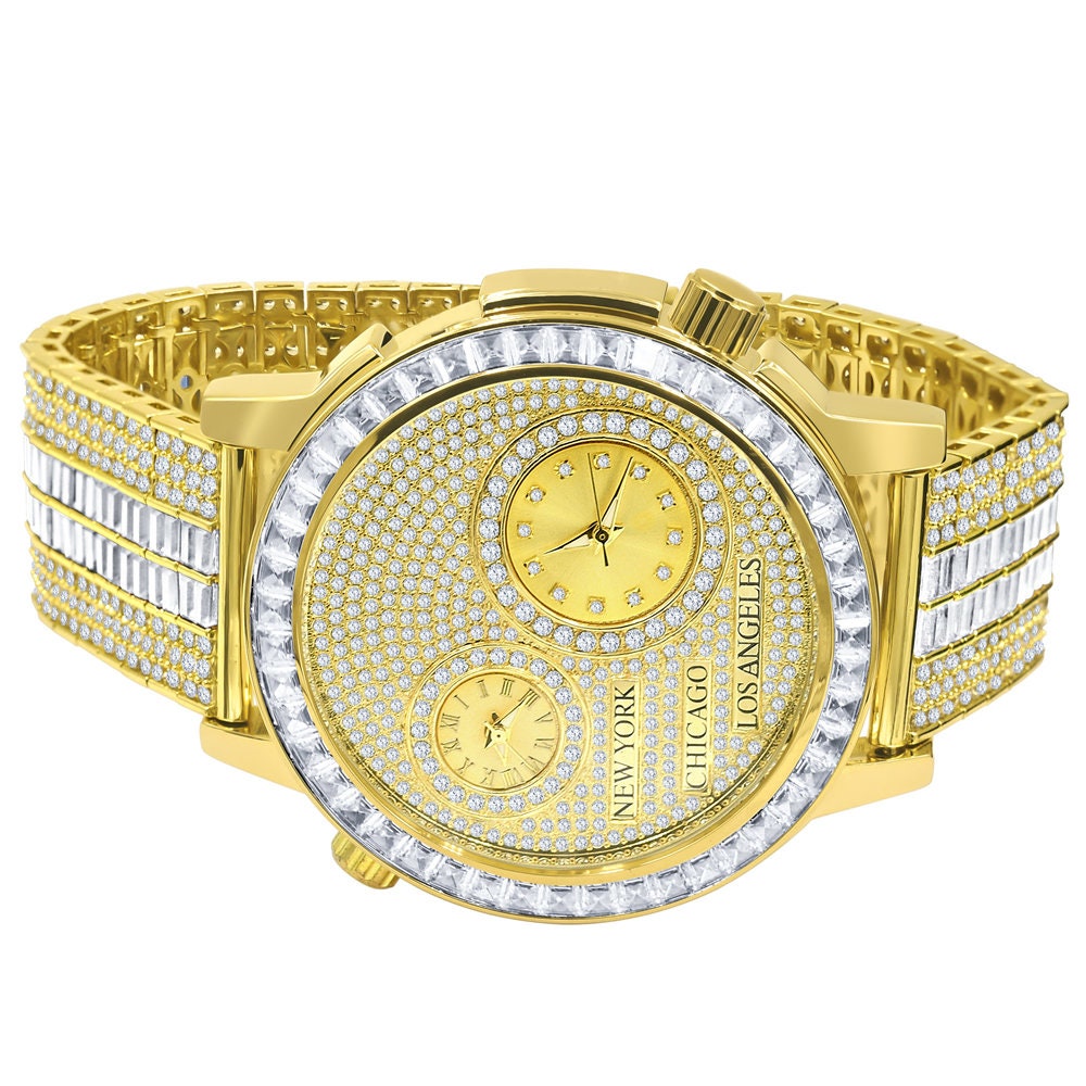 Men's Baguette 2 Time Zone Chronograph Real Diamond Dial 18K Gold Over Custom Luxury Watch W/Date
