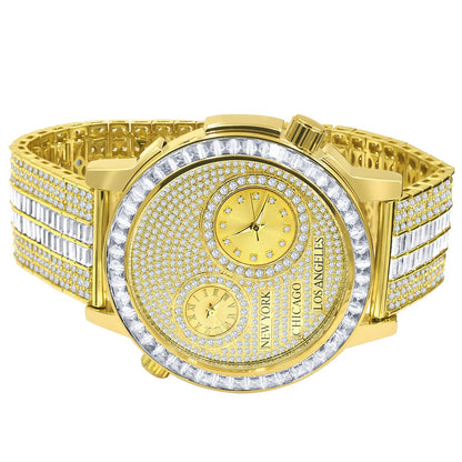 Men's Baguette 2 Time Zone Chronograph Real Diamond Dial 18K Gold Over Custom Luxury Watch W/Date