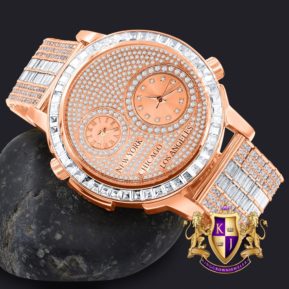 Men's Baguette 2 Time Zone Chronograph Real Diamond Dial 18K Rose Gold Over Custom Luxury Watch W/Date