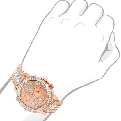 Men's Baguette 2 Time Zone Chronograph Real Diamond Dial 18K Rose Gold Over Custom Luxury Watch W/Date