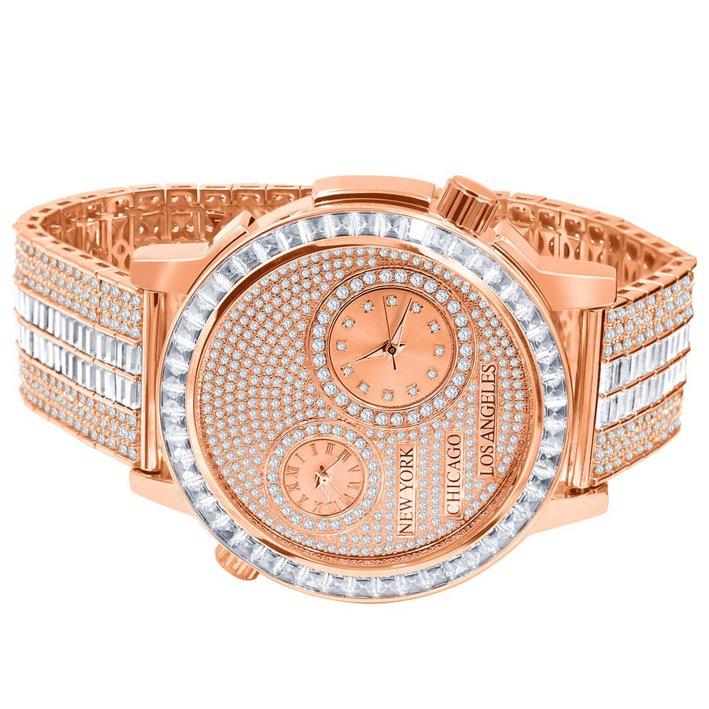 Men's Baguette 2 Time Zone Chronograph Real Diamond Dial 18K Rose Gold Over Custom Luxury Watch W/Date