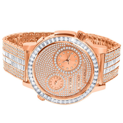 Men's Baguette 2 Time Zone Chronograph Real Diamond Dial 18K Rose Gold Over Custom Luxury Watch W/Date