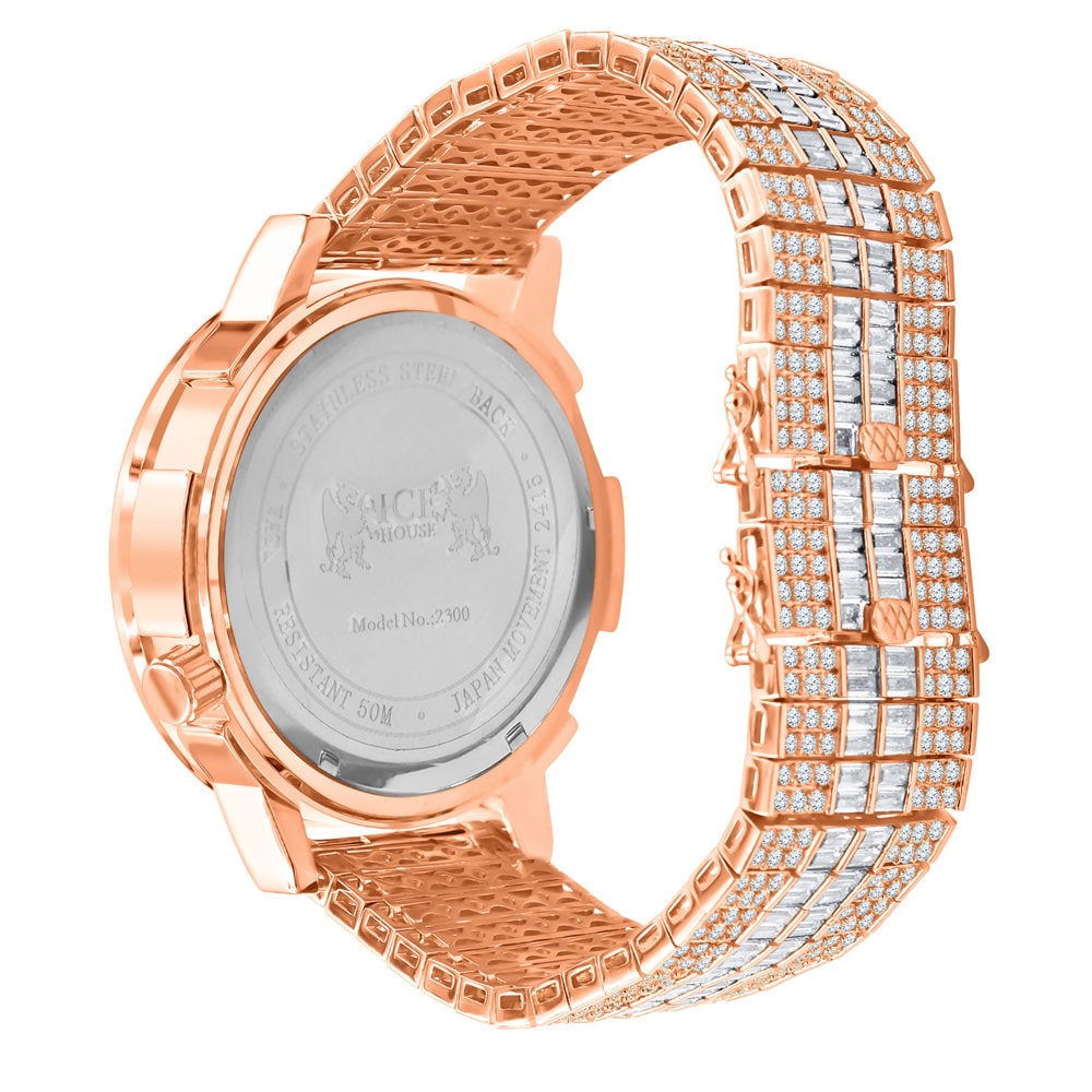 Men's Baguette 2 Time Zone Chronograph Real Diamond Dial 18K Rose Gold Over Custom Luxury Watch W/Date