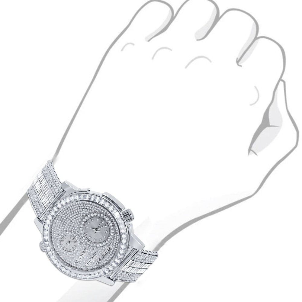 Men's Baguette 2 Time Zone Chronograph Real Diamond Dial 18K White Gold Over Custom Luxury Watch W/Date