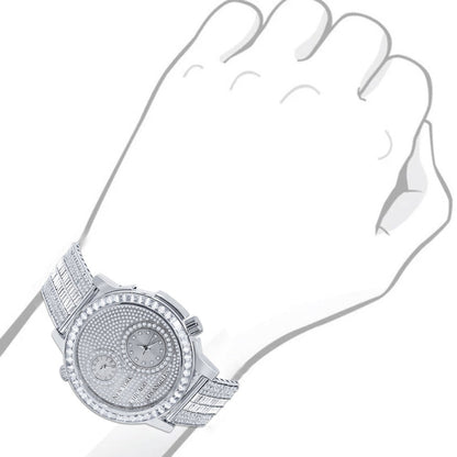 Men's Baguette 2 Time Zone Chronograph Real Diamond Dial 18K White Gold Over Custom Luxury Watch W/Date