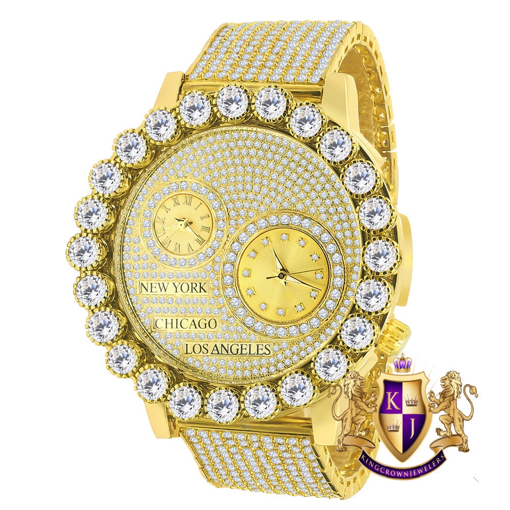 Men's Solitaire 18K Yellow Gold Finish 2 Time Zone Chronograph Real Diamond Dial Custom Bezel And Band Watch 45mm W/Date