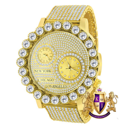 Men's Solitaire 18K Yellow Gold Finish 2 Time Zone Chronograph Real Diamond Dial Custom Bezel And Band Watch 45mm W/Date