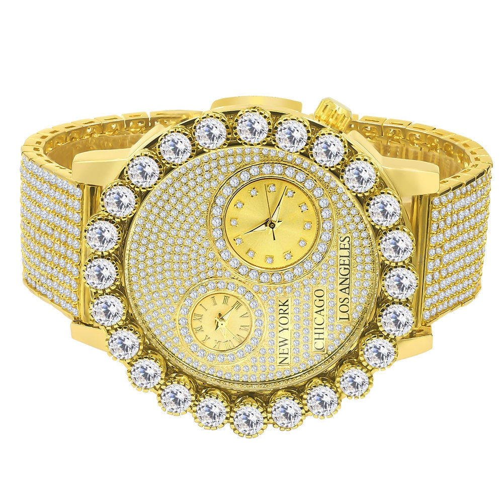 Men's Solitaire 18K Yellow Gold Finish 2 Time Zone Chronograph Real Diamond Dial Custom Bezel And Band Watch 45mm W/Date