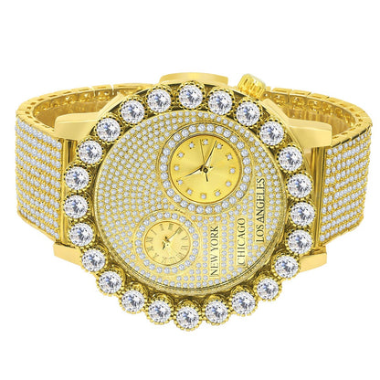 Men's Solitaire 18K Yellow Gold Finish 2 Time Zone Chronograph Real Diamond Dial Custom Bezel And Band Watch 45mm W/Date