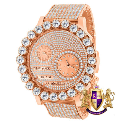 Men's Solitaire 18K Rose Gold Finish 2 Time Zone Chronograph Real Diamond Dial Custom Bezel And Band Watch 45mm W/Date