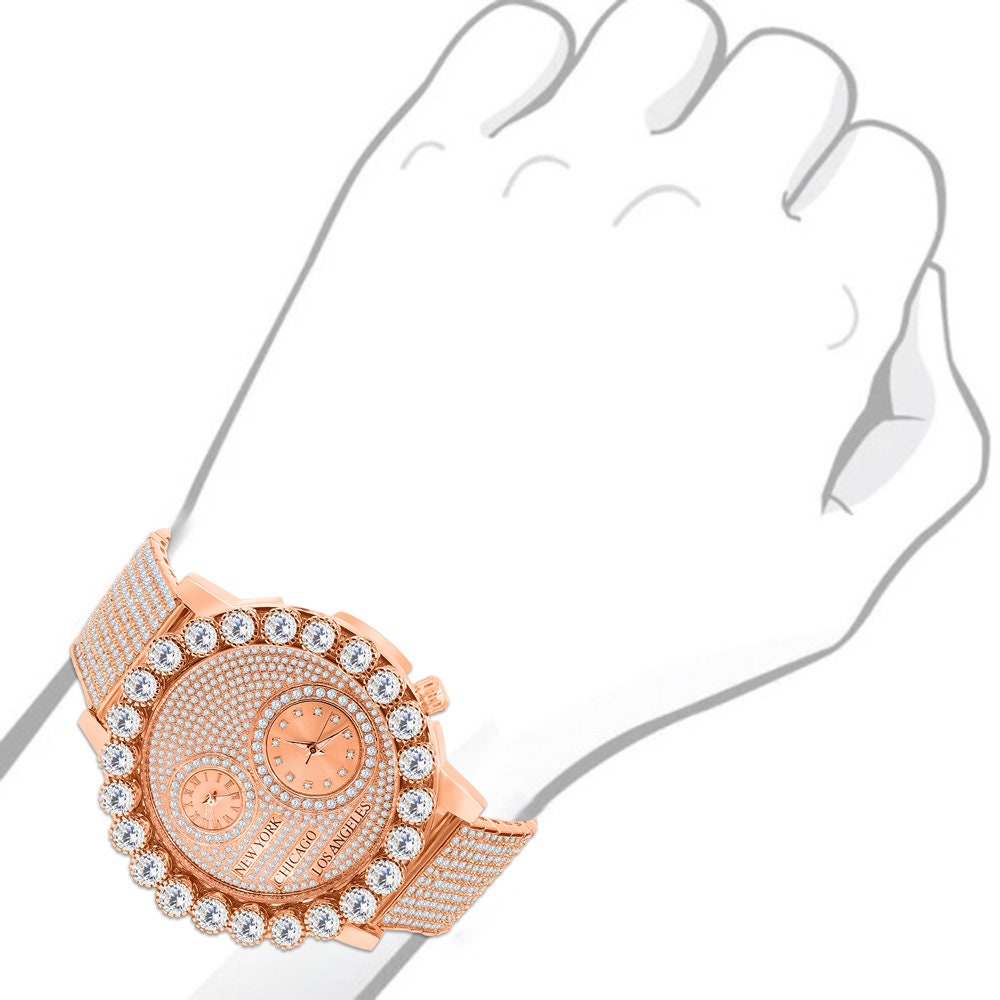 Men's Solitaire 18K Rose Gold Finish 2 Time Zone Chronograph Real Diamond Dial Custom Bezel And Band Watch 45mm W/Date