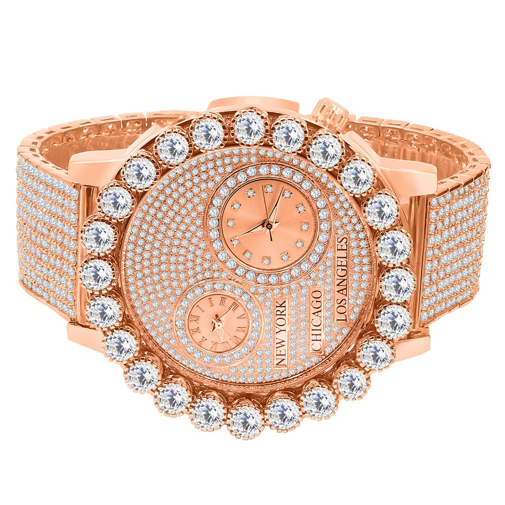 Men's Solitaire 18K Rose Gold Finish 2 Time Zone Chronograph Real Diamond Dial Custom Bezel And Band Watch 45mm W/Date