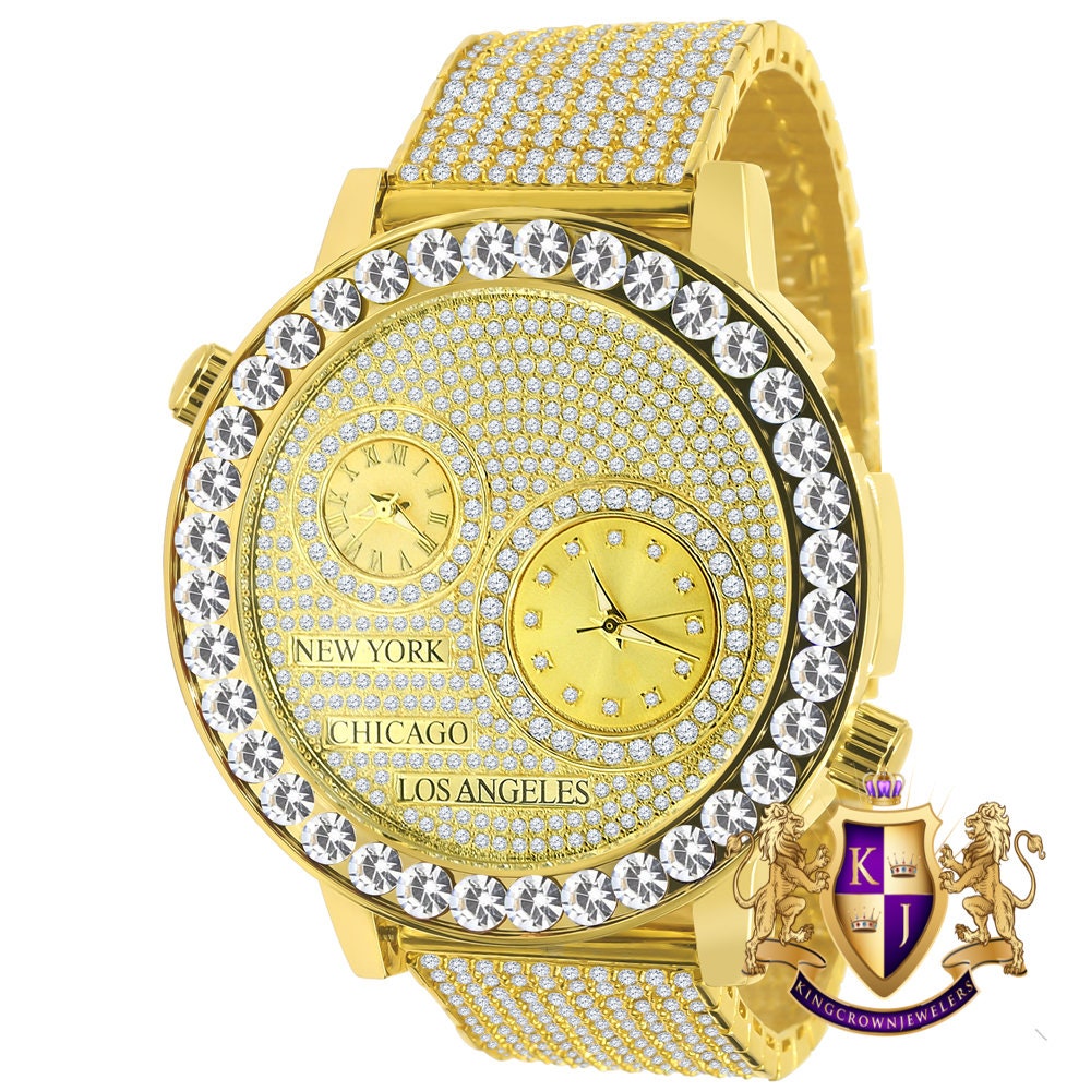 2 Time Zone Men's Chronograph Real Diamond Dial Men's 18K Yellow Gold Finish Flower Bezel Band Custom Watch Analog 45mm W/Date
