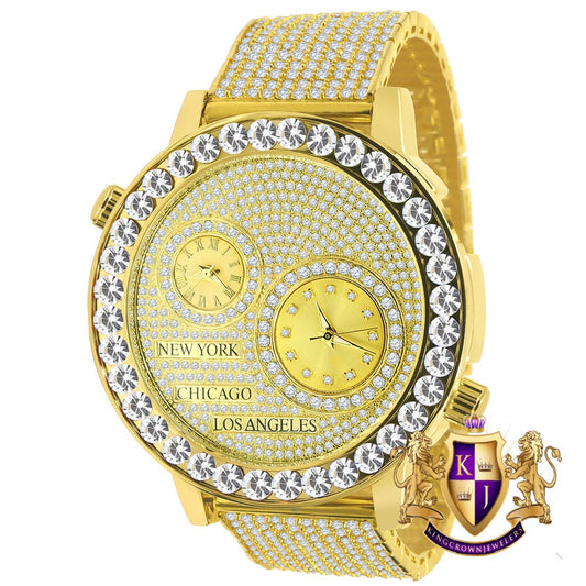 2 Time Zone Men's Chronograph Real Diamond Dial Men's 18K Yellow Gold Finish Flower Bezel Band Custom Watch Analog 45mm W/Date