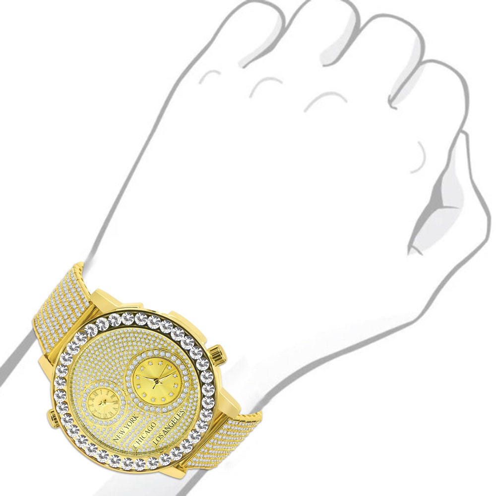 2 Time Zone Men's Chronograph Real Diamond Dial Men's 18K Yellow Gold Finish Flower Bezel Band Custom Watch Analog 45mm W/Date