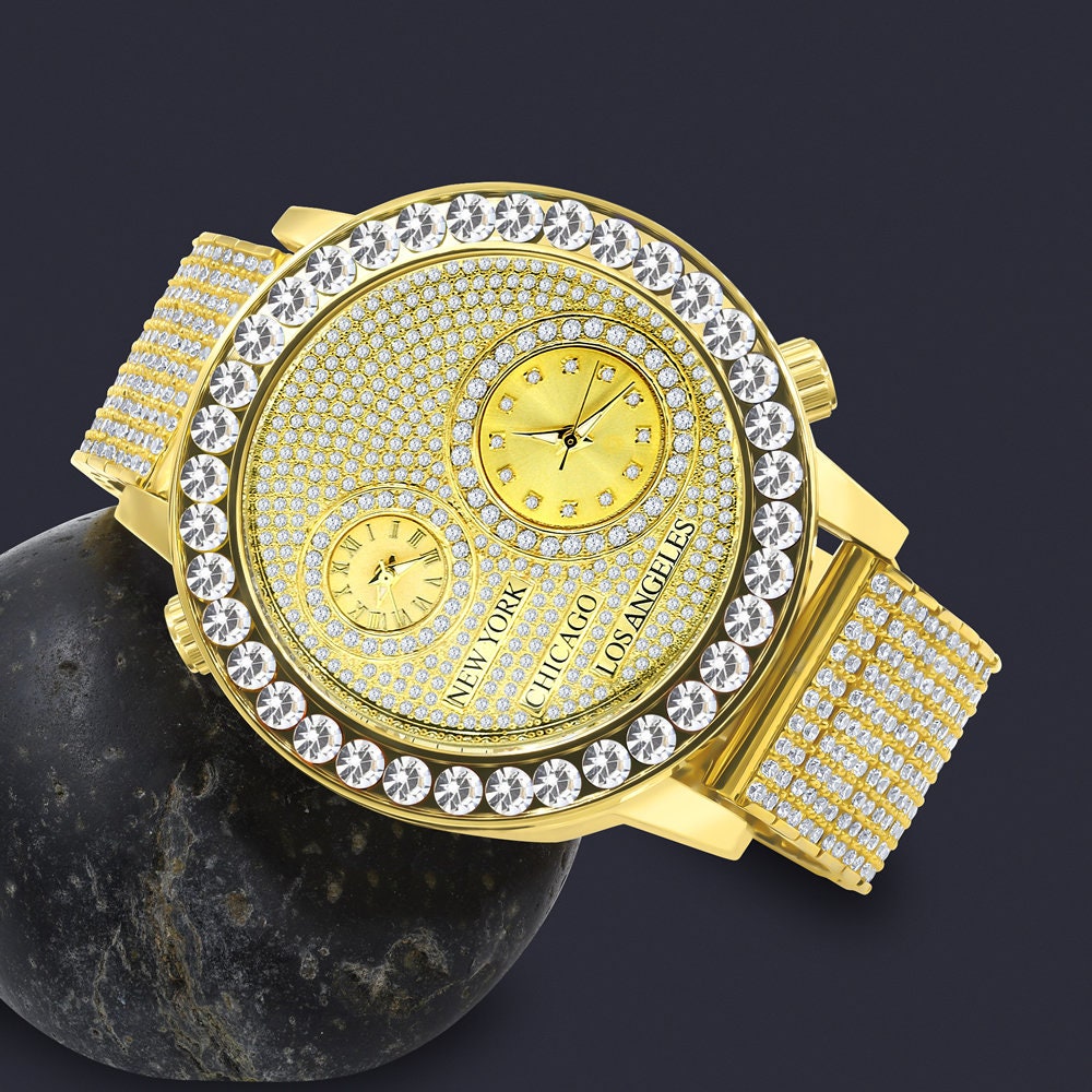 2 Time Zone Men's Chronograph Real Diamond Dial Men's 18K Yellow Gold Finish Flower Bezel Band Custom Watch Analog 45mm W/Date