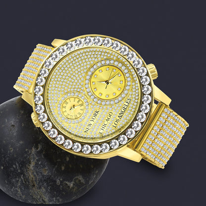2 Time Zone Men's Chronograph Real Diamond Dial Men's 18K Yellow Gold Finish Flower Bezel Band Custom Watch Analog 45mm W/Date