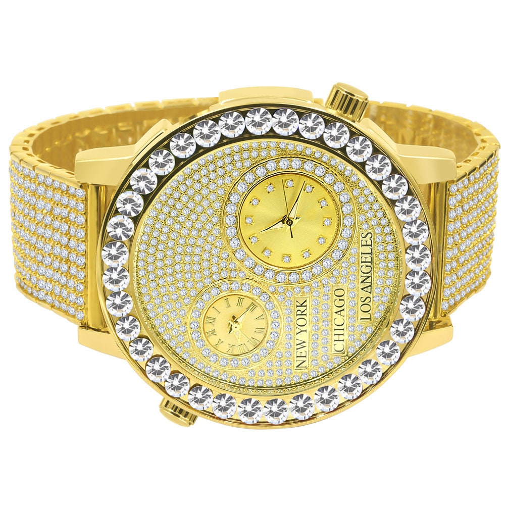 2 Time Zone Men's Chronograph Real Diamond Dial Men's 18K Yellow Gold Finish Flower Bezel Band Custom Watch Analog 45mm W/Date