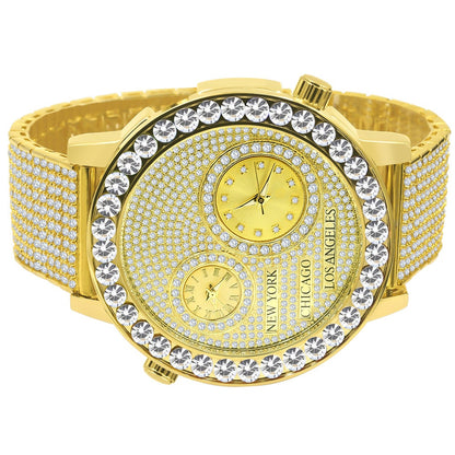 2 Time Zone Men's Chronograph Real Diamond Dial Men's 18K Yellow Gold Finish Flower Bezel Band Custom Watch Analog 45mm W/Date