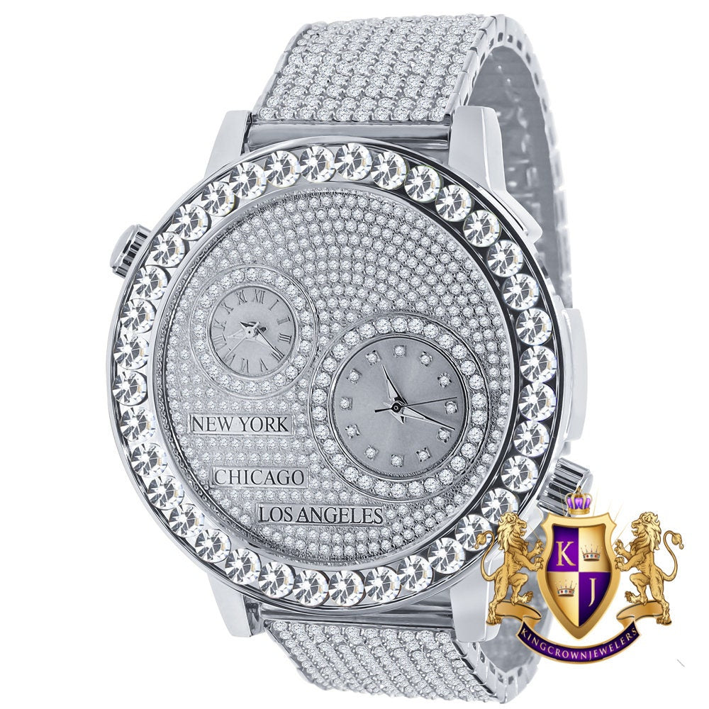 18K White Gold Finish 2 Time Zone Men's Chronograph Real Diamond Dial Men's Flower Bezel Band Custom Watch Analog 45mm W/Date