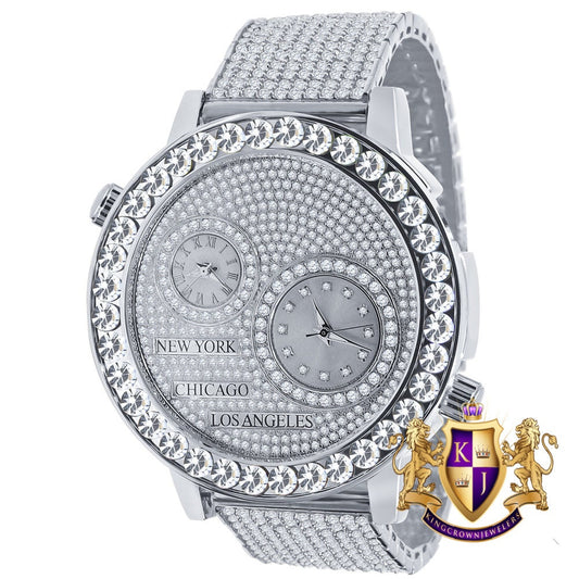 18K White Gold Finish 2 Time Zone Men's Chronograph Real Diamond Dial Men's Flower Bezel Band Custom Watch Analog 45mm W/Date
