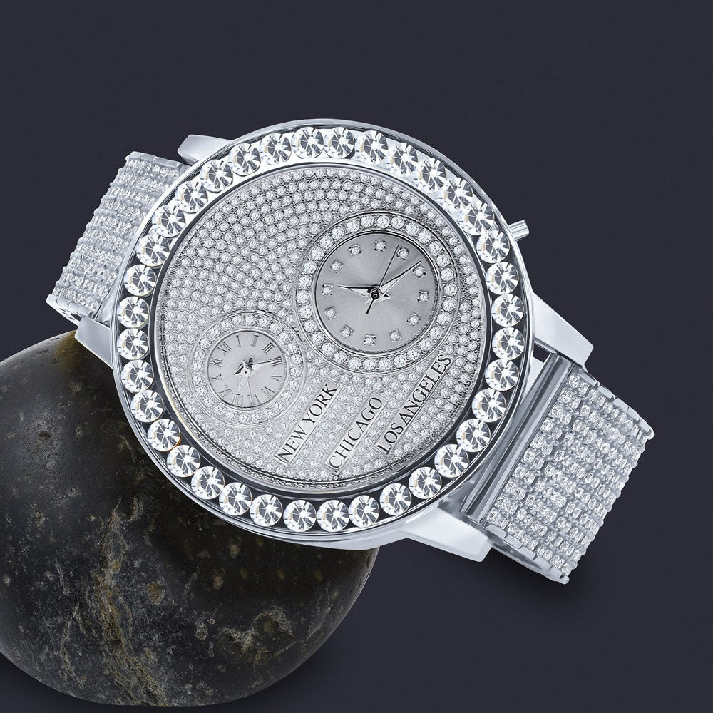 18K White Gold Finish 2 Time Zone Men's Chronograph Real Diamond Dial Men's Flower Bezel Band Custom Watch Analog 45mm W/Date