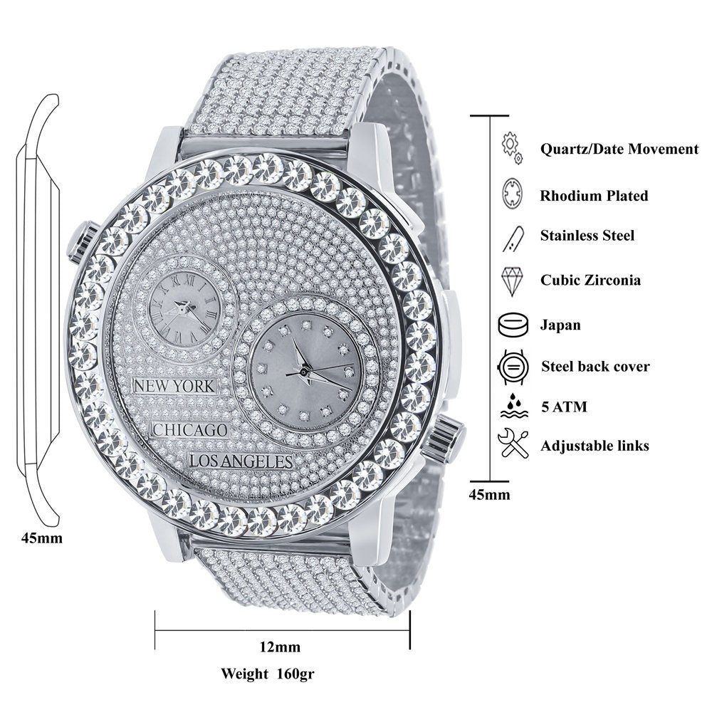 18K White Gold Finish 2 Time Zone Men's Chronograph Real Diamond Dial Men's Flower Bezel Band Custom Watch Analog 45mm W/Date