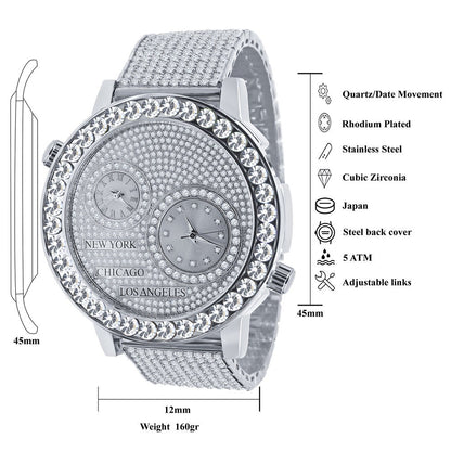 18K White Gold Finish 2 Time Zone Men's Chronograph Real Diamond Dial Men's Flower Bezel Band Custom Watch Analog 45mm W/Date