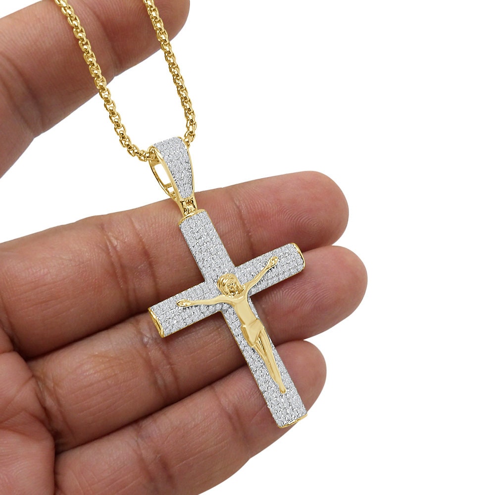 14k Gold Over 16+ Grams Real Genuine Italian Sterling Silver Simulated Diamond Jesus Crucifix Cross Piece Charm Religious Pendent 2.25''