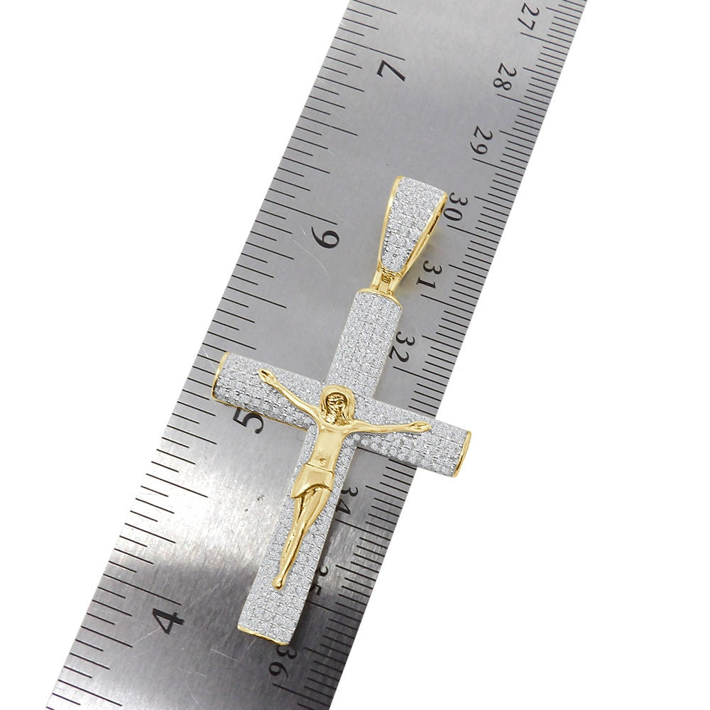 14k Gold Over 16+ Grams Real Genuine Italian Sterling Silver Simulated Diamond Jesus Crucifix Cross Piece Charm Religious Pendent 2.25''