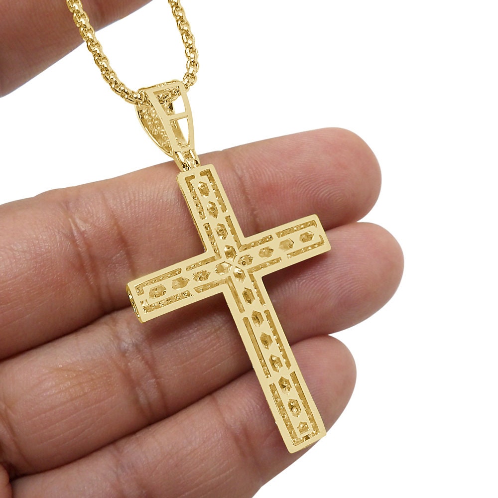 14k Gold Over 16+ Grams Real Genuine Italian Sterling Silver Simulated Diamond Jesus Crucifix Cross Piece Charm Religious Pendent 2.25''