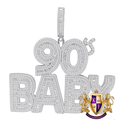 45+ Grams Real Genuine Sterling Silver 2.68 Cwt. Round & Baguette Cut Simulated Diamond 14k White Gold Over Charm 90s Baby Custom Pendant