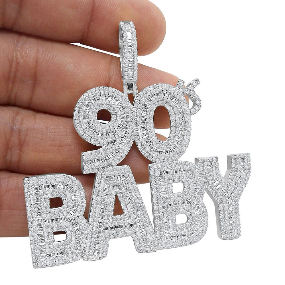 45+ Grams Real Genuine Sterling Silver 2.68 Cwt. Round & Baguette Cut Simulated Diamond 14k White Gold Over Charm 90s Baby Custom Pendant