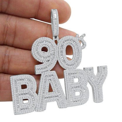 45+ Grams Real Genuine Sterling Silver 2.68 Cwt. Round & Baguette Cut Simulated Diamond 14k White Gold Over Charm 90s Baby Custom Pendant